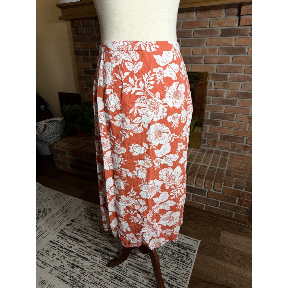 Old Navy Maxi Skirt Women Orange Floral Linen Blend Side Zip Size L